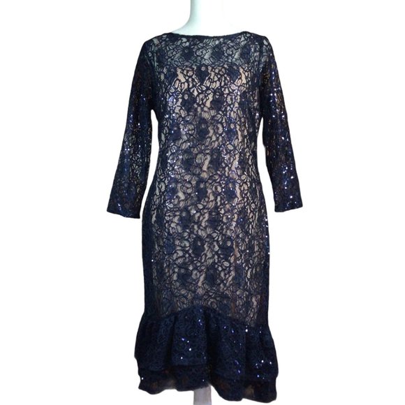MARINA Dresses & Skirts - NWT - Marina Sequin Lace Navy/Nude Dress (Size: 8)